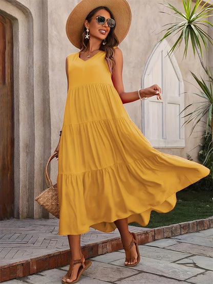 Robe longue d'été décontractée pour femmes, marque de vacances, plage, col en v, ample, élégante, jaune, noir, à volants, 2024