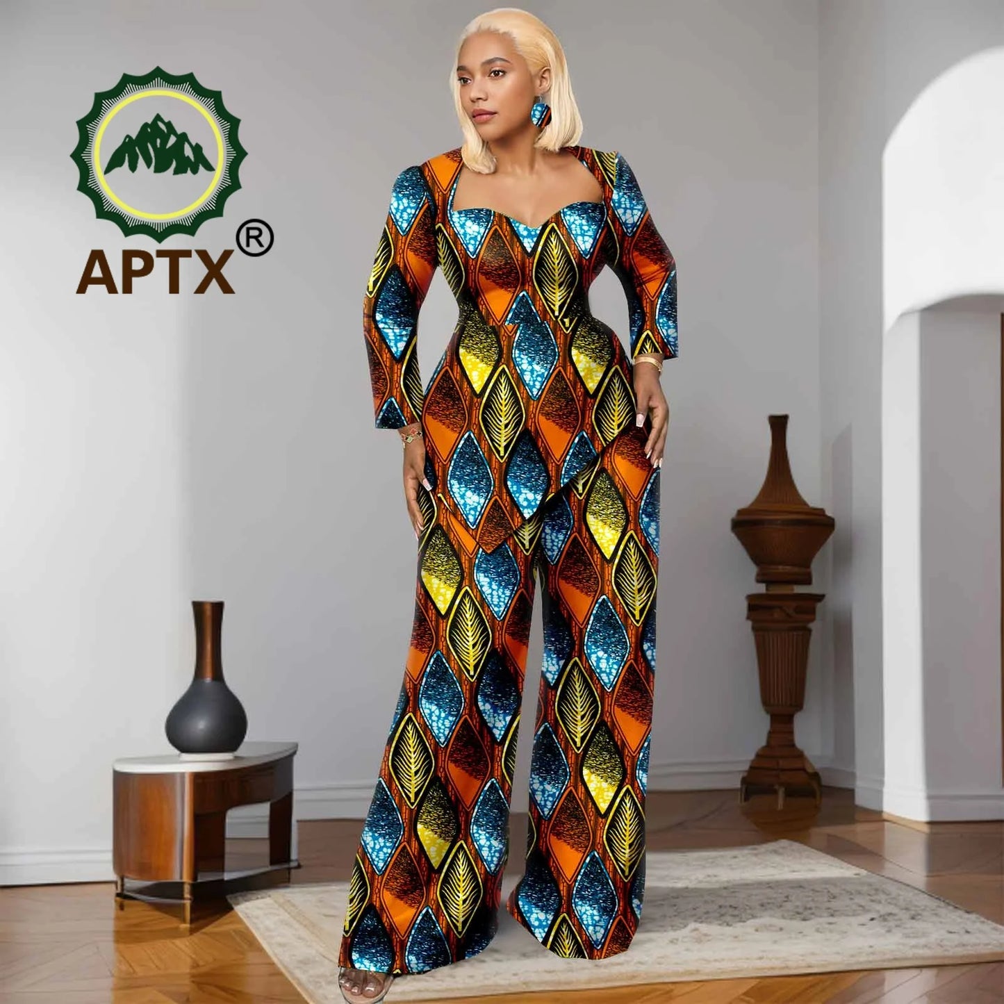 Ensemble deux pièces imprimé africain Ankara pour femmes, haut à manches neuf quarts et pantalon longueur au sol, ensemble décontracté Dashiki avec boucles d'oreilles