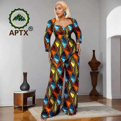 Ensemble deux pièces imprimé africain Ankara pour femmes, haut à manches neuf quarts et pantalon longueur au sol, ensemble décontracté Dashiki avec boucles d'oreilles