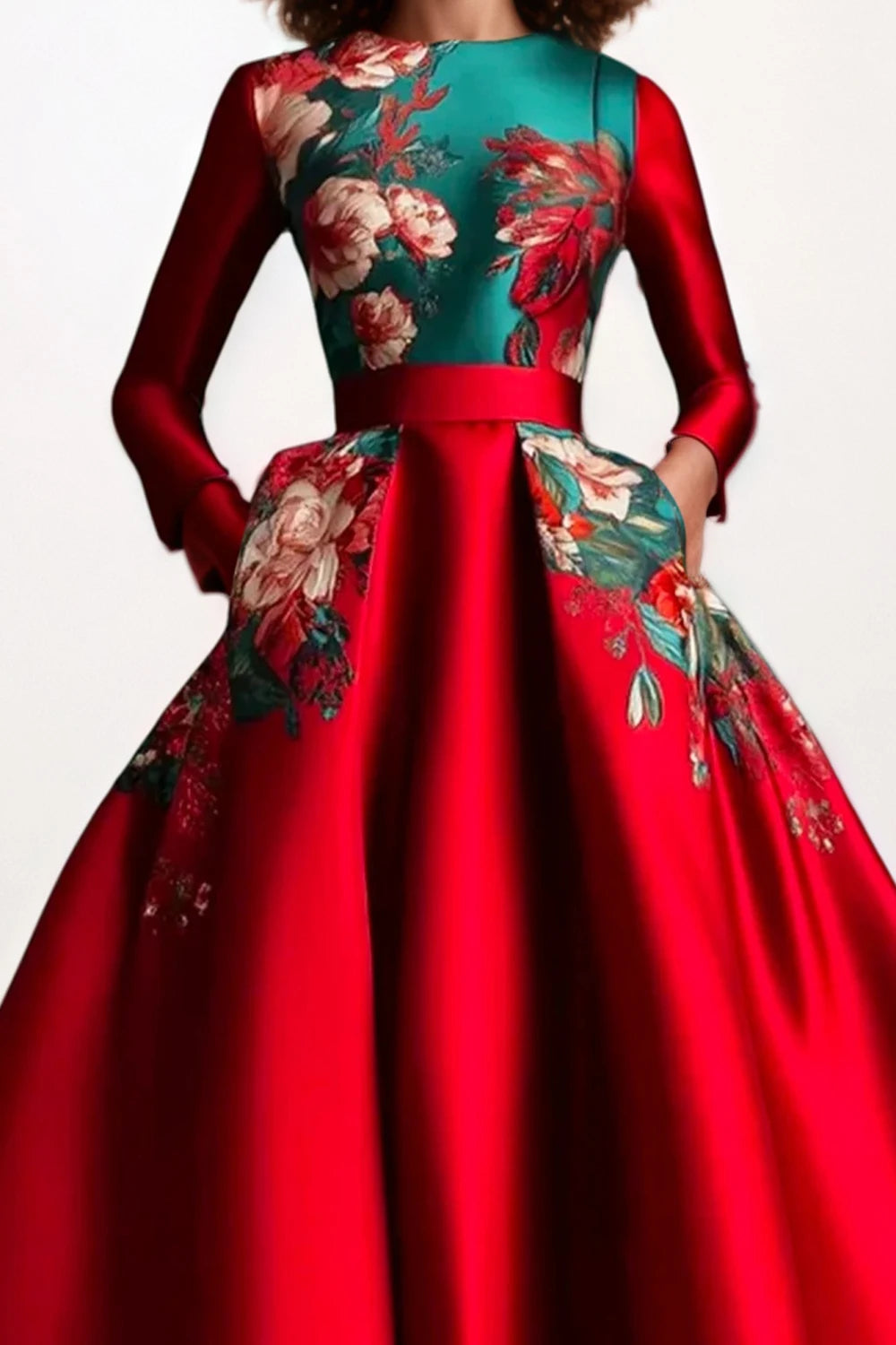 Robe trapèze en Satin pour femmes, élégante, manches longues, col rond, rétro, imprimé Floral, poches, soirée, Club, robes d'invitées de mariage