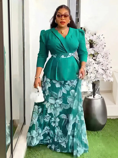 Vêtements africains 2 pièces pour femmes, mode d'été, demi-manches, col en v, haut imprimé en Polyester, jupe longue, ensembles assortis, 2025