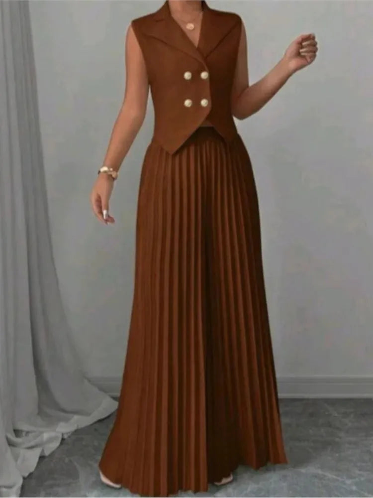 Costume de bureau pour femmes, couleur unie, décontracté, Slim, boutons, ensemble deux pièces, col rabattu, sans manches, Blazer et pantalon plissé, tenues