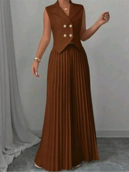 Costume de bureau pour femmes, couleur unie, décontracté, Slim, boutons, ensemble deux pièces, col rabattu, sans manches, Blazer et pantalon plissé, tenues