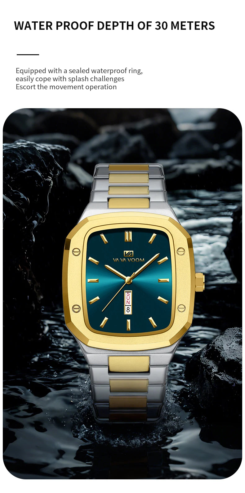 2024 Nouveaux hommes montre mode carré bracelet en acier inoxydable bleu or 3Bar Quartz semaine calendrier simulé affaires sport montre-bracelet