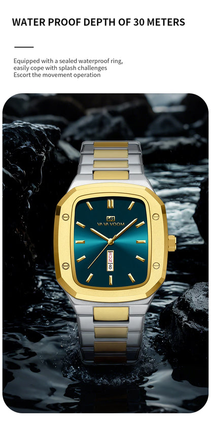 2024 Nouveaux hommes montre mode carré bracelet en acier inoxydable bleu or 3Bar Quartz semaine calendrier simulé affaires sport montre-bracelet