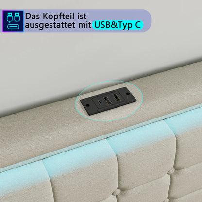 Lit capitonné 140/160x200 cm, tête de lit avec éclairage LED et fonction de chargement USB, lit double avec 4 tiroirs, lit fonctionnel