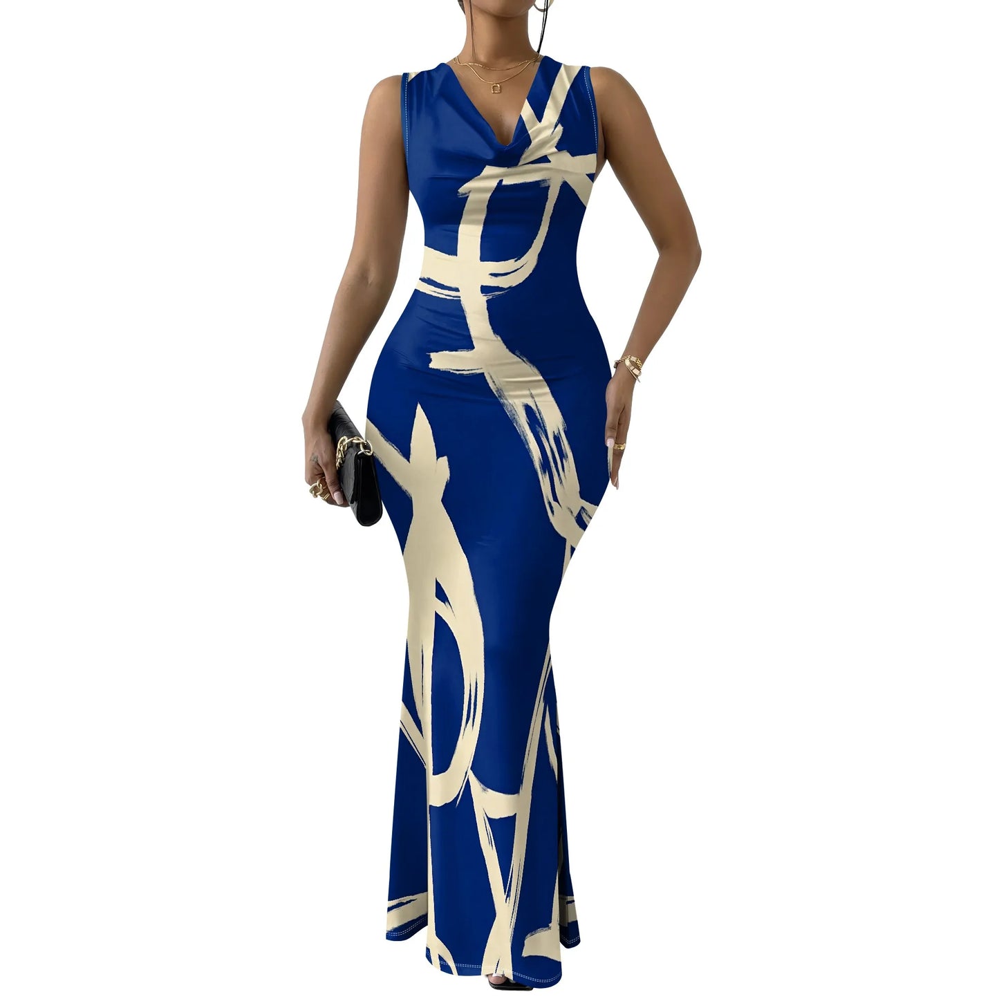 Robes d'invitées de mariage d'été pour femmes sirène élégante motif de rayures artistiques robe Maxi col en V sans manches robe de bal de soirée