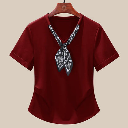T-Shirt à manches courtes et col en V pour femme, écharpe structurée, épaules froncées, cravate à la taille, amincissante, nouvelle collection 2025