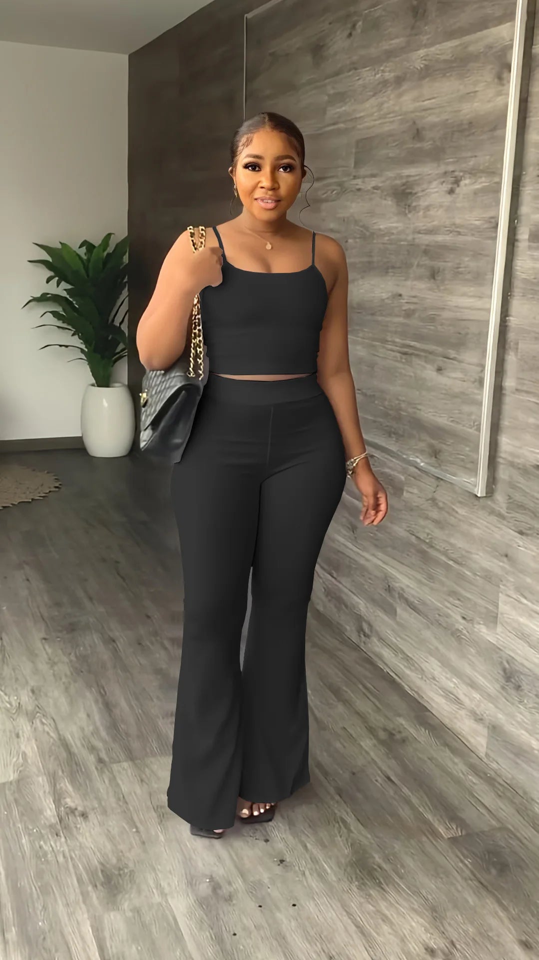 Haut court à bretelles spaghetti et pantalon évasé adt pour femmes, olympiques décontractés, ensemble deux pièces monochromes simples, tenues d'été sexy