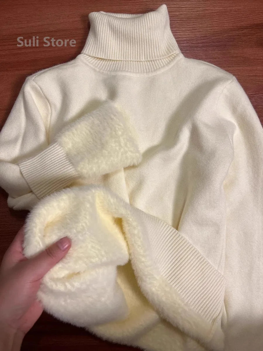 Pull une pièce en velours de vison à col roulé et épais pour femme, intérieur chaud avec chemise tricotée à bascule, 2025