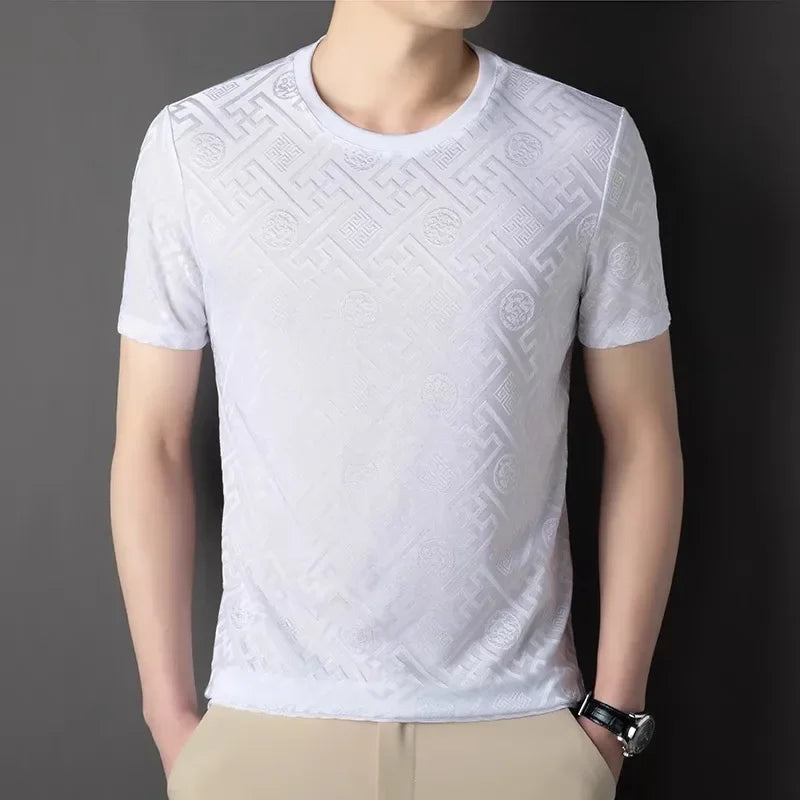 Haut à manches courtes et col rond pour hommes, respirant, en soie glacée avancée, marque de luxe, Jacquard, ample, décontracté, couleur unie, été