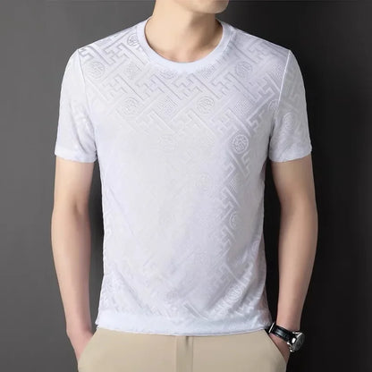 Haut à manches courtes et col rond pour hommes, respirant, en soie glacée avancée, marque de luxe, Jacquard, ample, décontracté, couleur unie, été