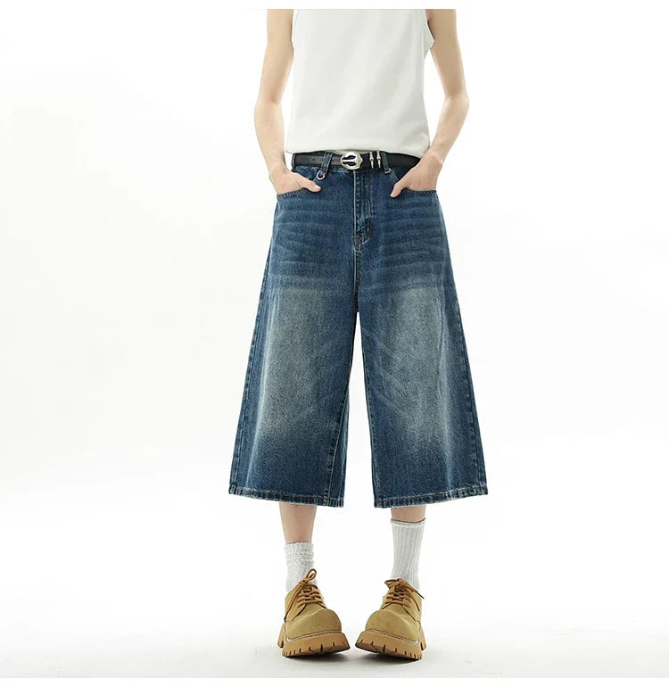 Short en Denim Baggy pour hommes, mode rétro décontractée, ample, jambes larges, longueur mollet, Streetwear Y2K, Style coréen