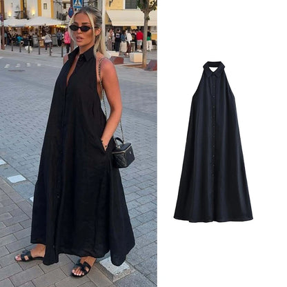 Robes d'été femmes 2025 nouveau cou-pendu élégant longue robe de vacances femmes rue Chic jeunesse robe de mode ample