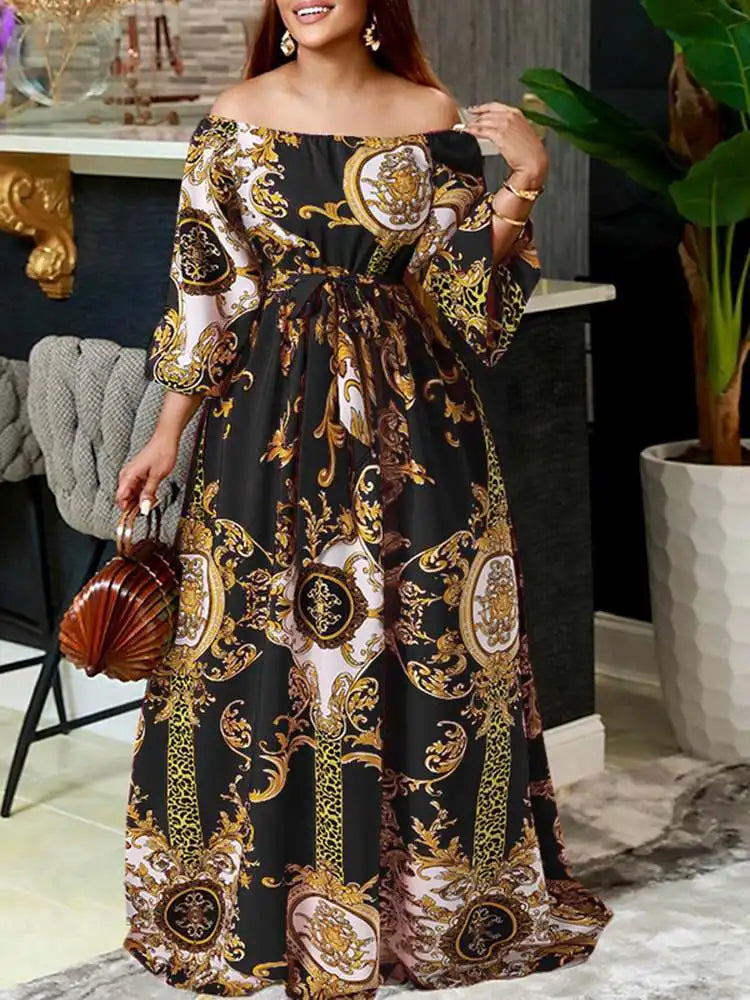 VONDA-Robe maxi bohème pour femmes, robe de soirée imprimée, robe d'été sexy à manches longues lanterne, robe vintage ceinturée, robe éducative, 2023