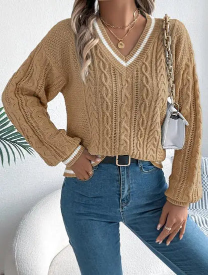 Pull femme 2025 mode Style décontracté automne hiver nouvelle couleur bloquant col en v pâte frite torsion lanterne à manches longues pull