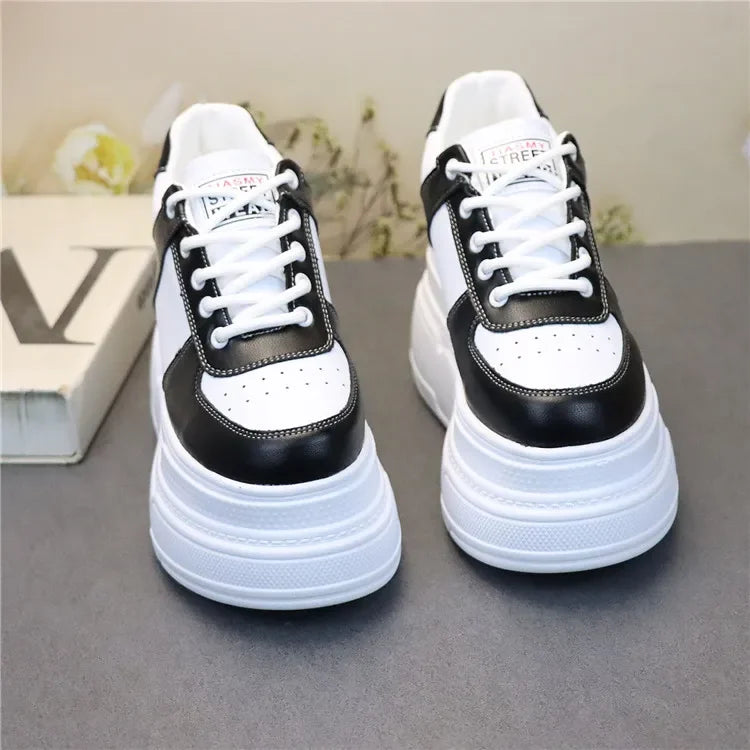 Baskets épaisses en cuir véritable pour femmes, talons hauts cachés blancs, chaussures à plateforme compensée, printemps, automne, été, 10cm, 12cm