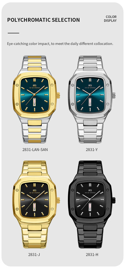 2024 Nouveaux hommes montre mode carré bracelet en acier inoxydable bleu or 3Bar Quartz semaine calendrier simulé affaires sport montre-bracelet