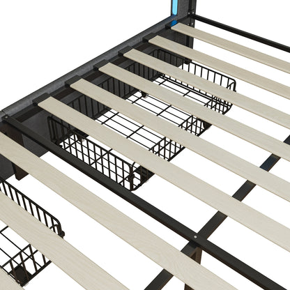 Lit capitonné 140/160x200 cm, tête de lit avec éclairage LED et fonction de chargement USB, lit double avec 4 tiroirs, lit fonctionnel