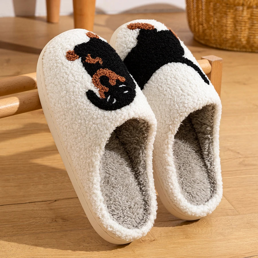 Pantoufles d'hiver pour femmes, mignonnes et intéressantes, dessin animé petit chien noir, intérieur chaud, confort, maison, chambre à coucher, chaussures en peluche douces et décontractées