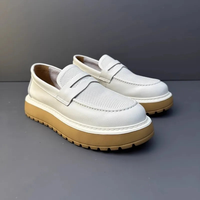 Mocassins en cuir de vachette à plateforme vintage pour hommes, chaussures en cuir véritable, respirant, évider, décontracté, conduite, affaires, été
