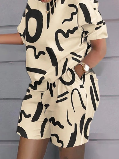 Ensemble deux pièces et short à poches pour femmes, t-shirt imprimé adt, short patchwork, col rond, blanc, décontracté, mode estivale