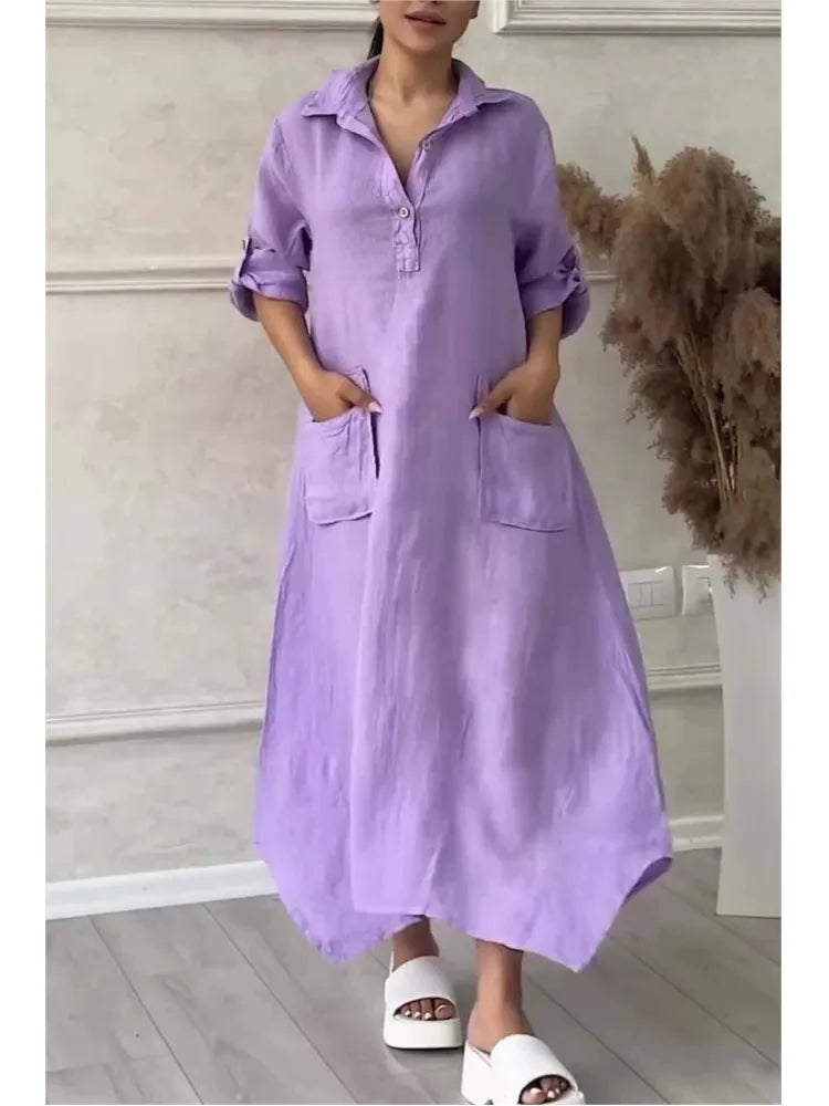 Robe longue en lin à manches longues pour femmes, robe maxi blanche avec poches, élégante, mode décontractée, été, 2024