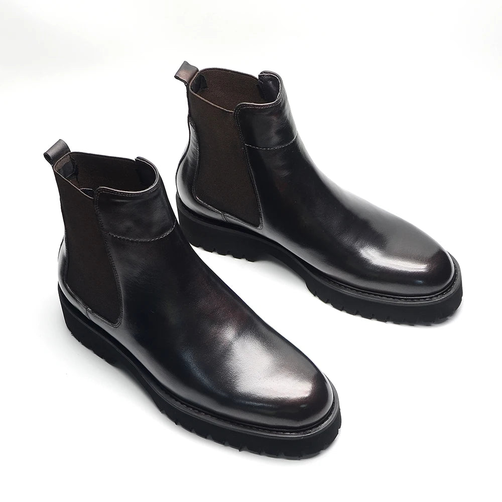 Bottes Chelsea montantes de Style britannique pour hommes, chaussures classiques de luxe en cuir véritable avec bande élastique pour augmenter la hauteur, automne et hiver