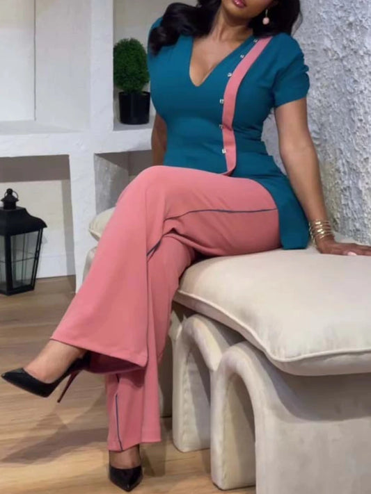 BERAKAH SUPRÊME -Haut rigide à col en V avec pantalon à jambes larges en Patchwork, ensemble deux pièces de Style africain, tenue d'affaires pour femmes, tenues d'été pour femmes