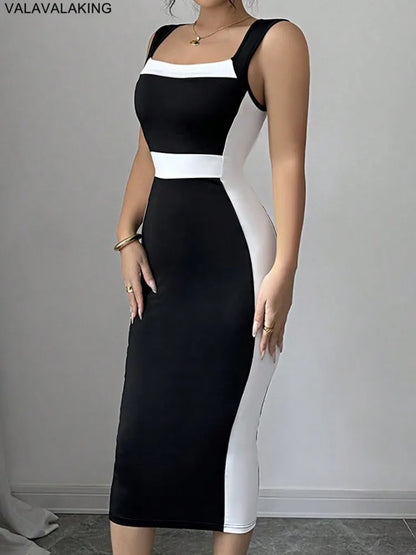 Dame Sexy solide Patchwork moulante longue robe femmes col carré sangle Club robe dame été soirée robe serrée Clubwear