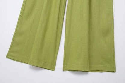 TRAFZA 2024 femmes 2 pièces ensemble taille élastique poche plis décorer pantalon à jambes larges + solide simple boutonnage fente ourlet Blouse haut