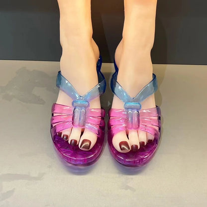 Sandales à talons hauts pour femmes, chaussures d'été en gelée, pantoufles plates, tongs de maison, sandales rétro d'extérieur, pantoufles transparentes