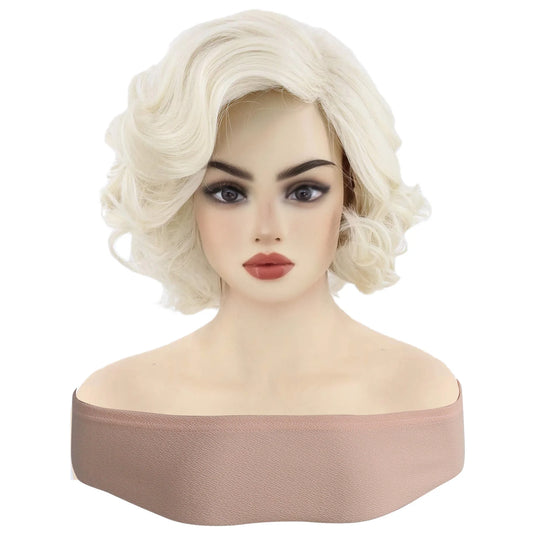 Perruque synthétique courte blonde bouffante bouclée et ondulée de 12 pouces pour femmes, pour usage quotidien en fête, aspect naturel, sans colle, résistante à la chaleur