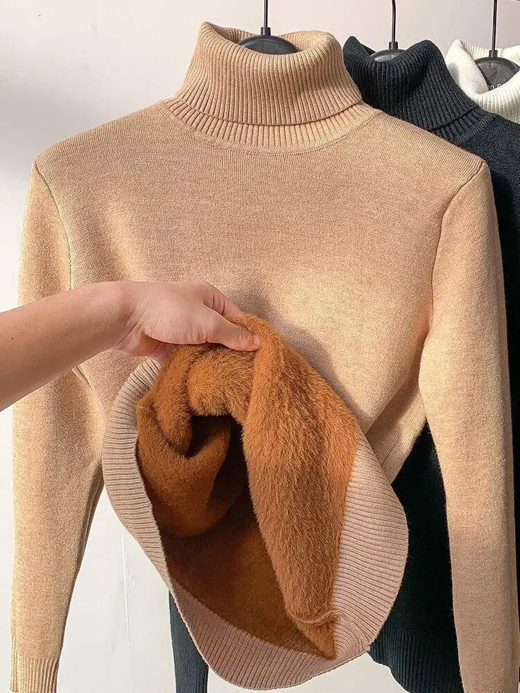 Pull à col rond pour femme, vêtements de printemps et d'hiver, pull chaud tricoté doublé en polaire, hauts à la mode coréenne, tricot féminin