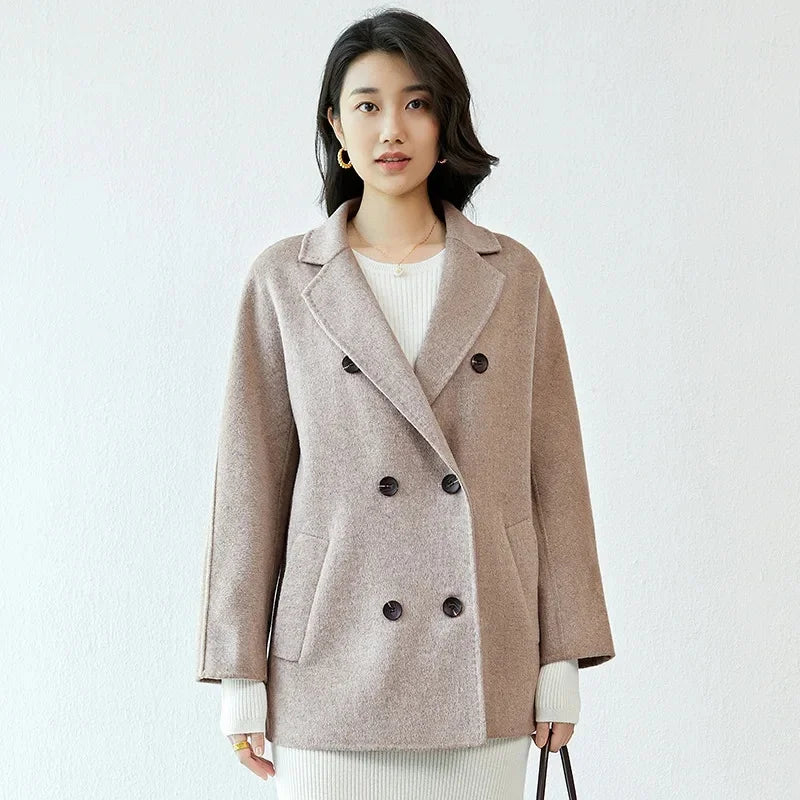 Manteau en laine Double face pour femme, épais, mi-long, col de costume, coupe ample, couleur Pure, polyvalent, nouveau Style automne hiver