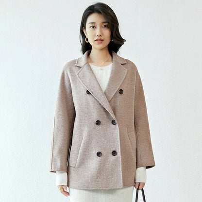 Manteau en laine Double face pour femme, épais, mi-long, col de costume, coupe ample, couleur Pure, polyvalent, nouveau Style automne hiver