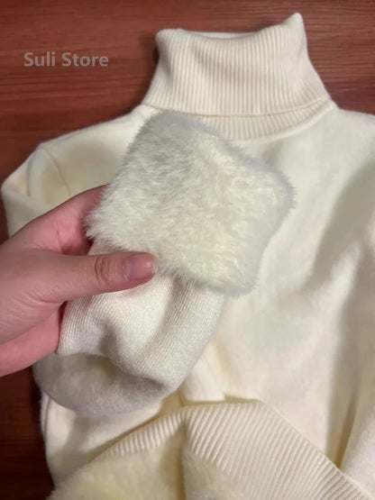 Pull une pièce en velours de vison à col roulé et épais pour femme, intérieur chaud avec chemise tricotée à bascule, 2025