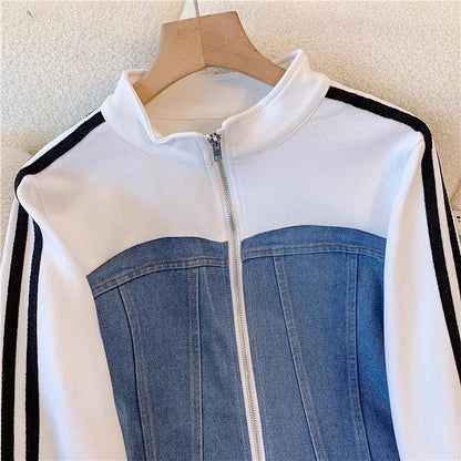 Ensemble pantalon femmes deux pièces ensembles Denim épissure fermeture éclair ensembles assortis manteaux décontractés jambe large pantalons longs à lacets taille élastique 2025