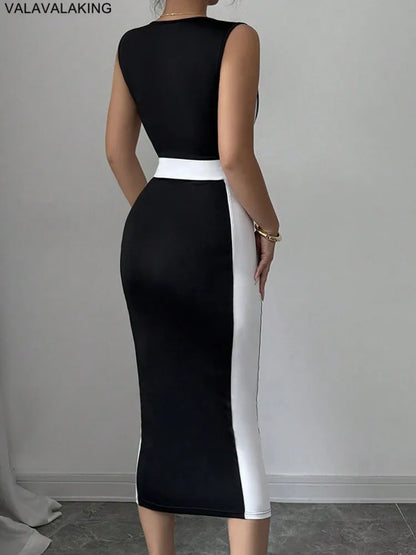 Dame Sexy solide Patchwork moulante longue robe femmes col carré sangle Club robe dame été soirée robe serrée Clubwear