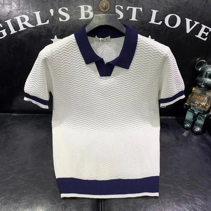 T-shirt à manches courtes en soie glacée pour hommes, pull tricoté à revers contrasté, tendance et personnalisé, décontracté, nouvelle collection été