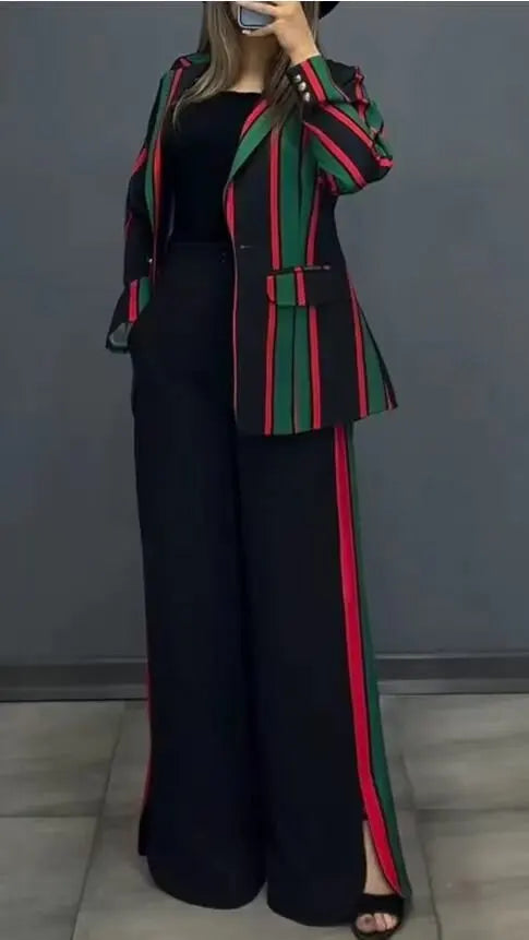 Femmes rayé imprimé costumes + pantalons deux pièces ensembles automne hiver décontracté jambe large pantalons ensembles bureau dames élégant manteaux tenues