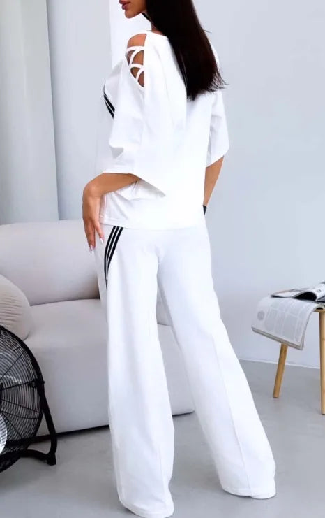 Costume de sport deux pièces blanc pour femmes, nouvelle mode, Sexy, épaules dénudées, chemise de sport ample + pantalon décontracté, vêtements de sport en coton pour femmes