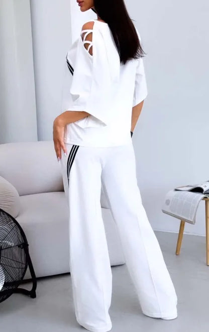 Costume de sport deux pièces blanc pour femmes, nouvelle mode, Sexy, épaules dénudées, chemise de sport ample + pantalon décontracté, vêtements de sport en coton pour femmes