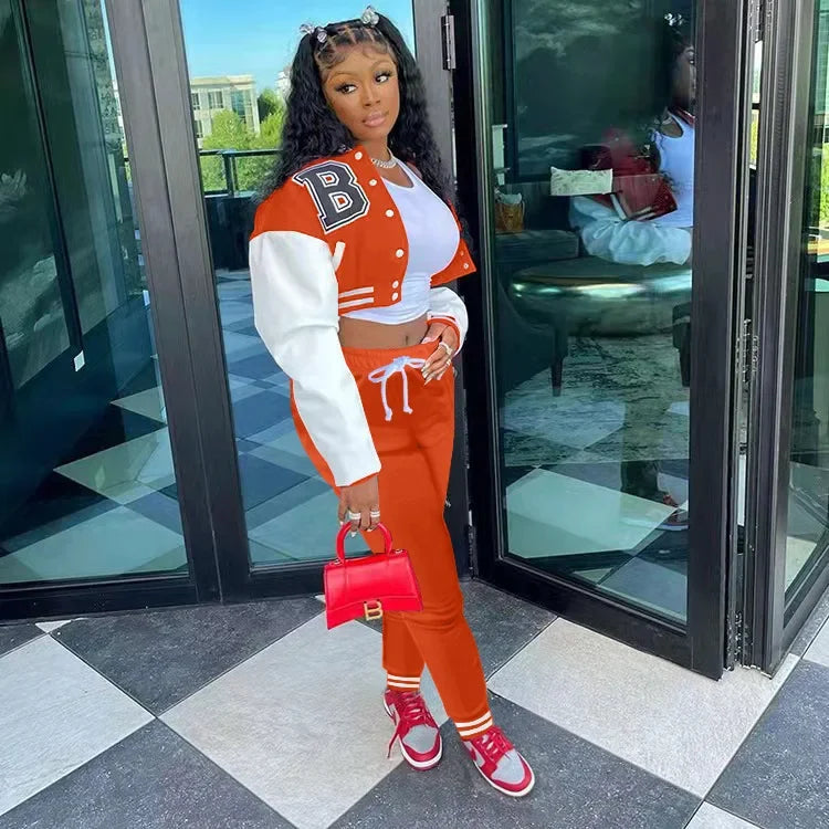 European and N Women's Wear B Monochrome Jacket Single-breasted Monochrome Printed Baseball Suit