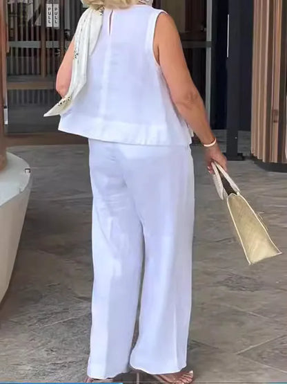 Costumes simples en coton et lin pour femmes, mode d'été, chemisier ample sans manches, pantalon à jambes larges, ensemble deux pièces pour femmes, tenues décontractées