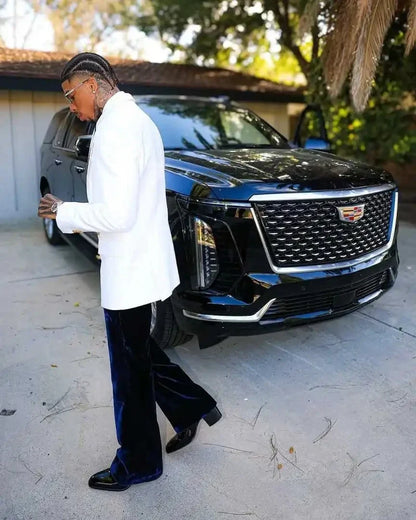 Costumes pour hommes, coupe cintrée, ensemble deux boutonnage, veste blanche 2 pièces, pantalon en velours bleu marine, costume de marié de mariage