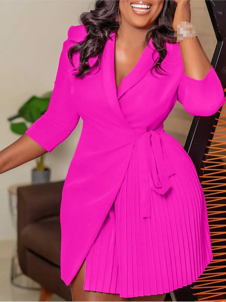 Robe plissée pour femmes, grande taille, col plissé, style blazer, bureau, vintage, sexy, ceinture, fête, serrée, courbée, courte
