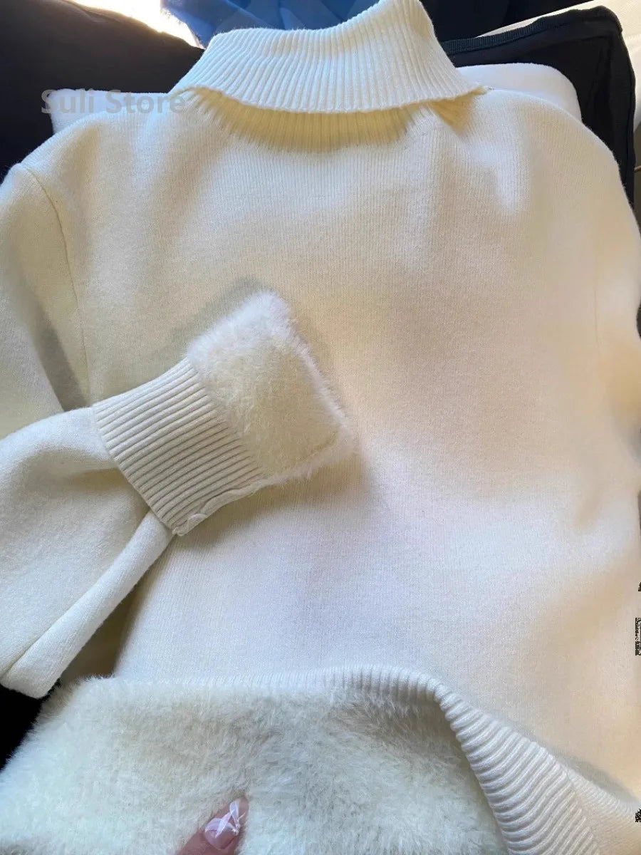 Pull une pièce en velours de vison à col roulé et épais pour femme, intérieur chaud avec chemise tricotée à bascule, 2025