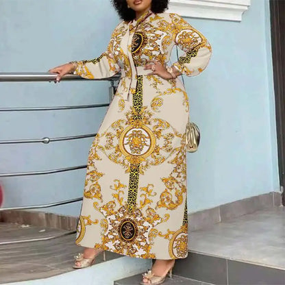 VONDA Robe Maxi 2024 été femmes bohème imprimé fête Robe d'été à manches longues col montant Robe décontractée vacances robes ceinturée