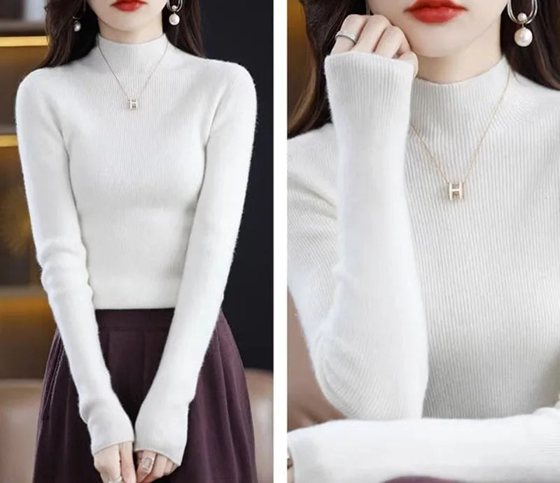 Pull en tricot à demi-col roulé pour femme, couleur unie, coréen, manches longues, mode assortie, épais, chaud, Slim, nouvelle collection automne hiver